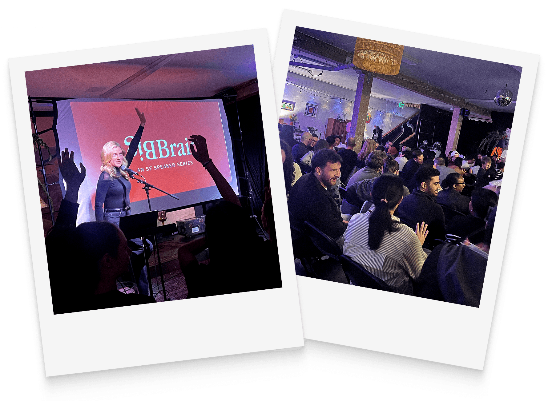 A polaroid of a Big Brain speaker on stage in front of a projected logo alongside a polaroid of a packed audience seated at a bar venue