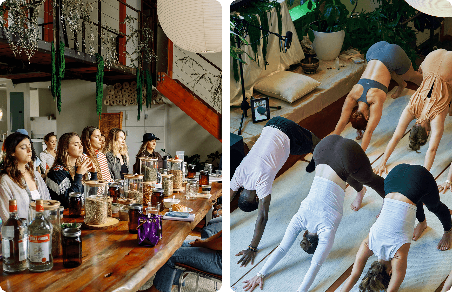 A wine tasting at a long wooden table in the Moss loft alongside a rooftop yoga class with participants in downward dog