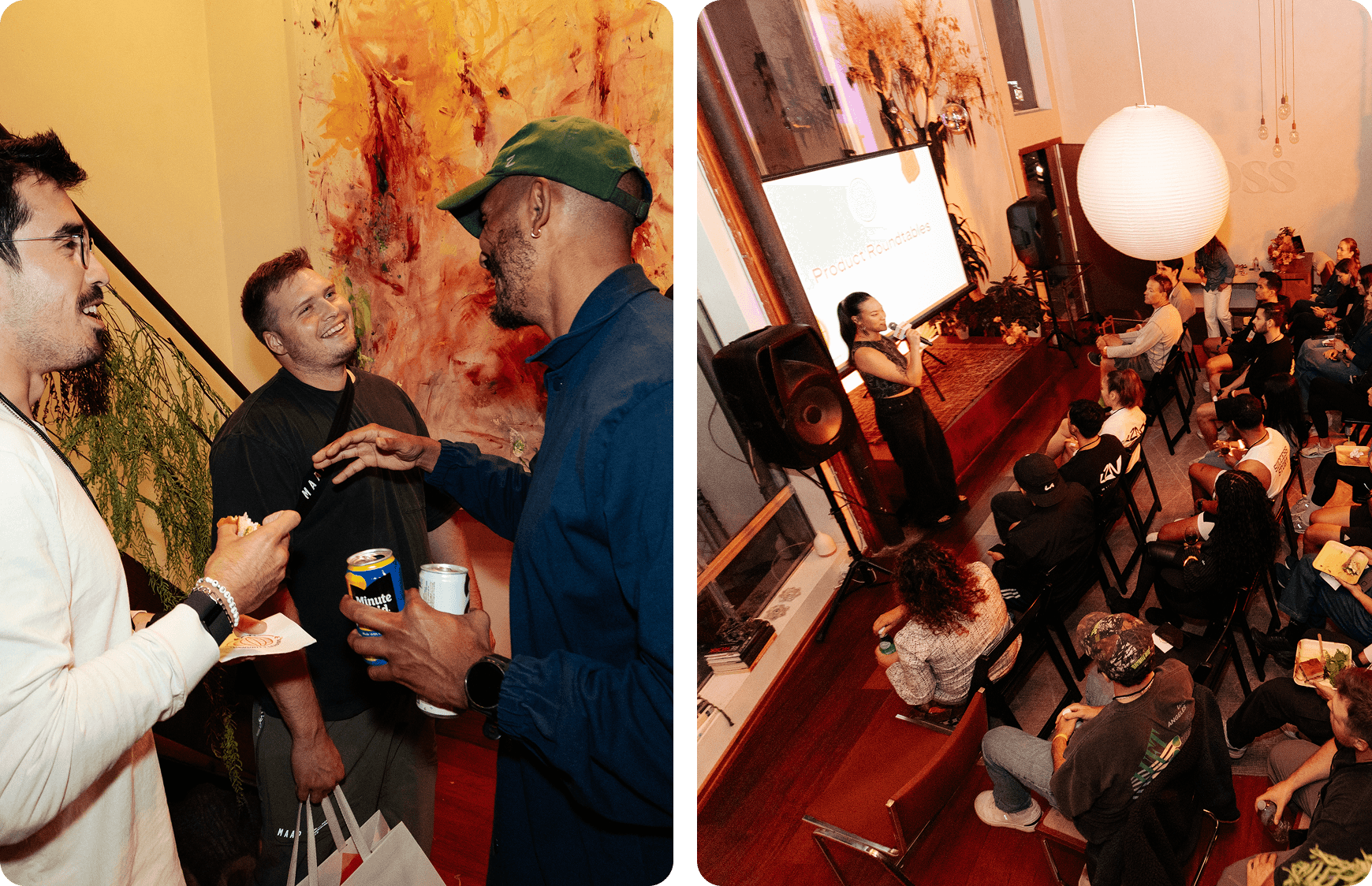Three friends chatting over drinks in front of an abstract painting alongside a speaker addressing a seated audience at a Moss event