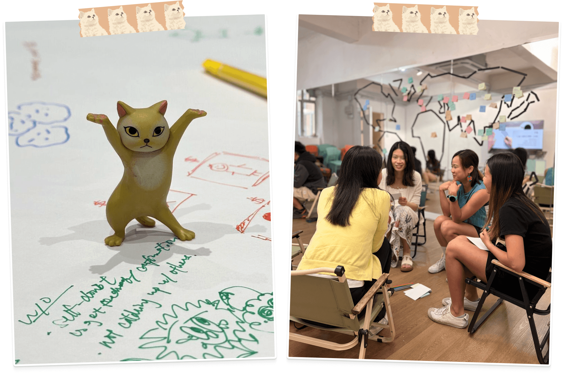 Two women seated on the floor at Cat Cafe surrounded by cats alongside four women in a bright room having a discussion in front of a world map illustration